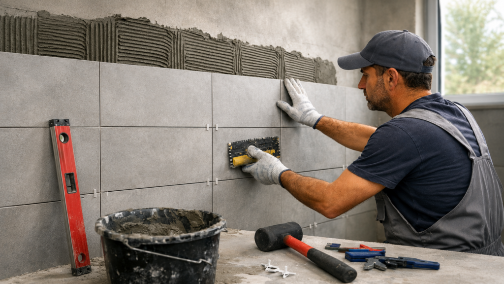 Albañil colocando azulejos con juntas alineadas en una reforma de baño moderna
