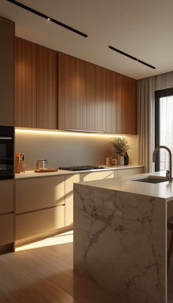 Cocina moderna de lujo con isla de mármol, iluminación LED cálida y acabados premium en madera