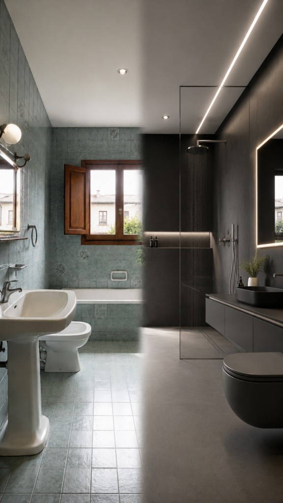 Reforma de baño en Oviedo antes y después con ducha moderna, mampara de vidrio y mobiliario suspendido