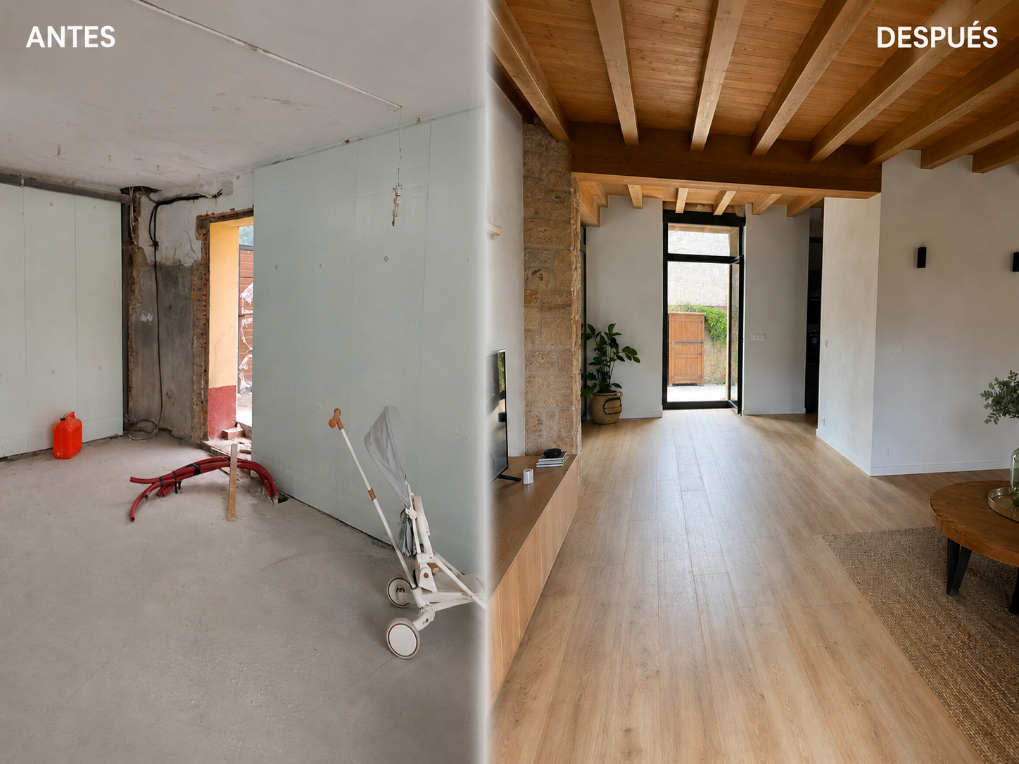 Antes y después de reforma integral de salón en vivienda de Oviedo